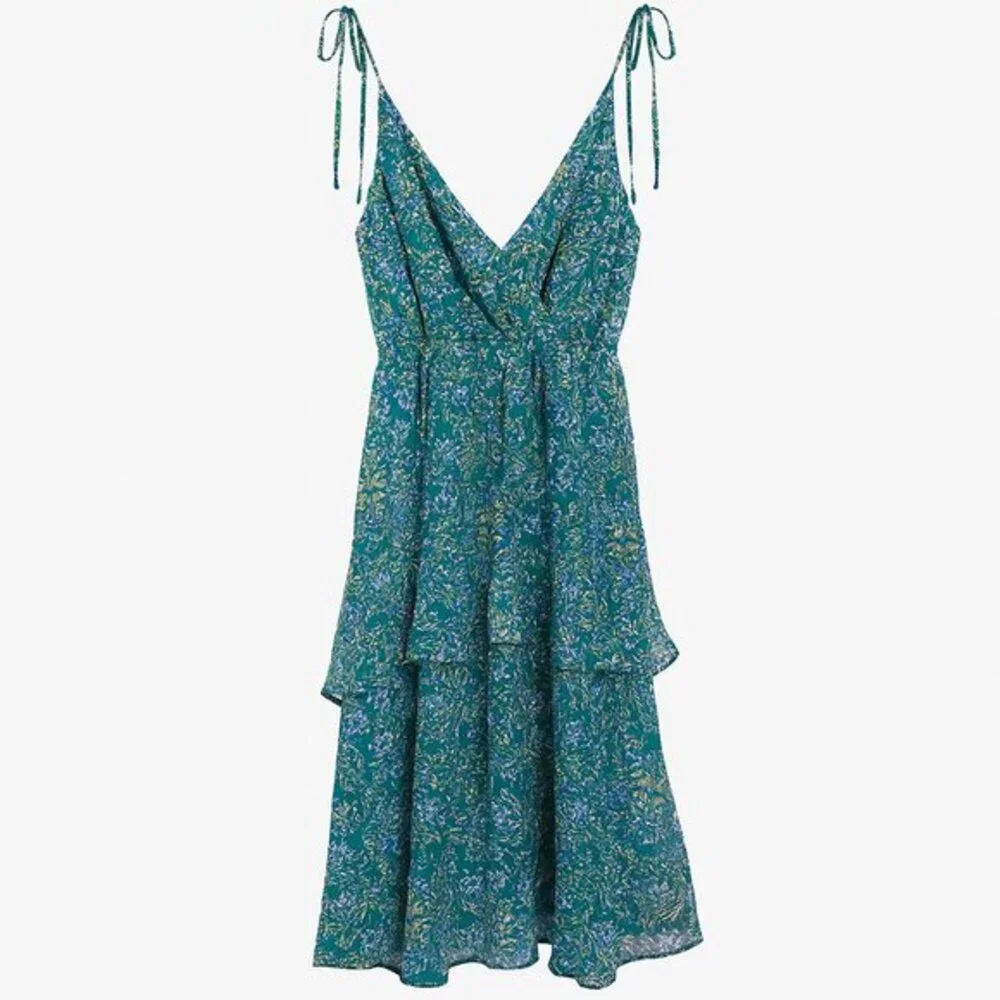 Lulus‎ Floral Paisley Tiered Mini Dress Green Womens Size Small Tie Strap V-Neck